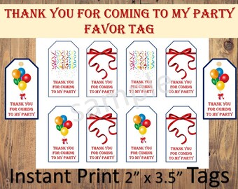 Thank you for coming to my party Favor Tags Printable, Instant Download, Birthday party tag, Favor tags, Goodie bag tags, loot bag tags