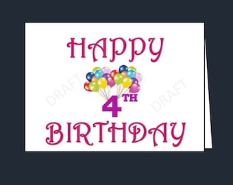 Happy 4th Birthday Card: Printable Balloon Design (PDF)