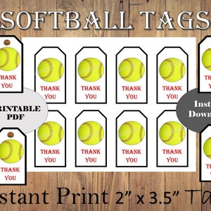 SOFTBALL Tags Printable/ Softball Tags / Softball Favor Tags / Ball Tags, Softball Thank you Tags, Softball Gift Tags, Softball Goodie Bags