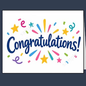 May include: A white greeting card featuring the word Congratulations in dark blue script. The design includes colorful yellow stars, pink, blue, and green confetti, and abstract firework-like lines in pink, blue, and yellow scattered around the text.