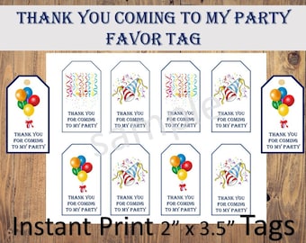 Thank you for coming to my party Favor Tags Printable, Instant Download, Birthday party tag, Favor tags, Goodie bag tags, loot bag tags