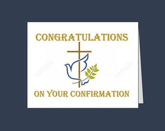 May include: A white greeting card featuring the gold text CONGRATULATIONS ON YOUR CONFIRMATION. Centered is a gold cross, a blue outline of a dove, and a green olive branch. The word sample appears twice in light gray text on the white card surface.