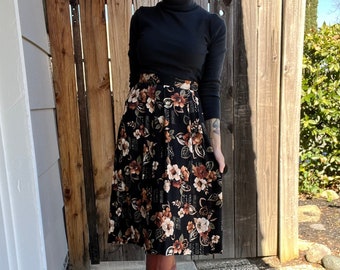 Vintage 1990s Jaclyn Smith Black & Brown Floral Stretch Waist Skirt, Size Medium