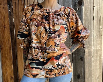 Vintage Western Cowboy Print Ruffle Blouse