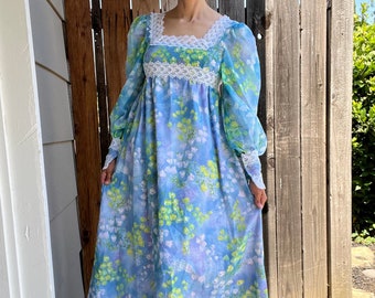 Vintage 1970s Floral Maxi Dress, Size XS/S