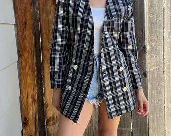 Vintage 1990s Banker’s Club Black & White Plaid Tailored Jacket