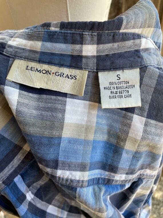 Vintage 1990s Lemon Grass Blue Plaid Lightweight … - image 5