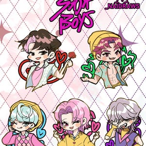 May include: An illustration of six anime-style characters, each with distinct hairstyles and clothing. The characters are holding hearts and roses. The text "Saja Boys" is displayed in pink, alongside the artist's signature.