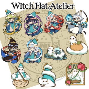May include: A collection of Witch Hat Atelier character stickers featuring various figures in teal and white robes, small white creatures, and magical items. The text Witch Hat Atelier is displayed at the top over a circular patterned background.