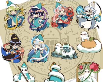 May include: A collection of Witch Hat Atelier character stickers featuring various figures in teal and white robes, small white creatures, and magical items. The text Witch Hat Atelier is displayed at the top over a circular patterned background.