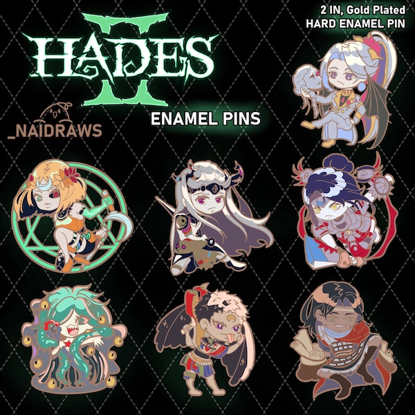 May include: Set of eight 2-inch gold-plated hard enamel pins featuring characters from the video game Hades II. The pins are colorful and feature detailed artwork of the characters. The pins are labeled "Hades II Enamel Pins".