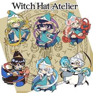 May include: Six colorful witch hat charms with different designs and colors. Each charm features a character wearing a witch hat and holding a magical object. The charms are perfect for adding a touch of whimsy to any project.
