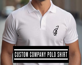 May include: White polo shirt with a collar and short sleeves. The shirt features a black logo on the chest and the text "CUSTOM COMPANY POLO SHIRT" in a black box at the bottom.