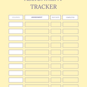 Może przedstawiać: Jasnoż&oacute;łty tracker zadań z fioletowymi słowami "ASSIGNMENT TRACKER". Tracker ma kolumny dla kurs&oacute;w, zadań, termin&oacute;w i statusu ukończenia, z wierszami do śledzenia wielu zadań.