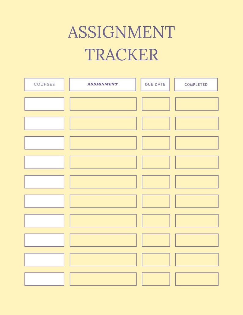Może przedstawiać: Jasnoż&oacute;łty tracker zadań z fioletowymi słowami "ASSIGNMENT TRACKER". Tracker ma kolumny dla kurs&oacute;w, zadań, termin&oacute;w i statusu ukończenia, z wierszami do śledzenia wielu zadań.