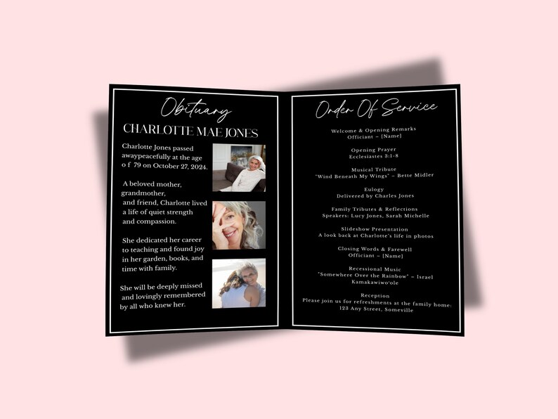 4 Page Obituary Program Template Bifold Memorial Booklet, Canva