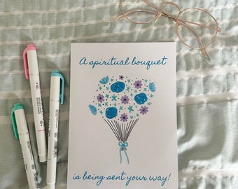 Blue Spiritual Bouquet Card, Catholic gift, sympathy, thank you, Baptism, Confirmation, Marriage, Holy Orders, printable, digital download