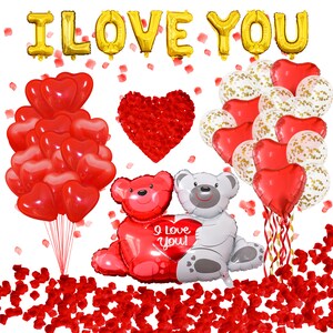 I LOVE YOU Balloons | Valentine's Day Balloons Party Decoration | Silk Rose Petals | Heart Shaped Balloons | Love Bear Balloons