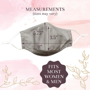 May include: A gray face mask with white elastic straps. The mask measures 5.75 inches wide, 8 inches long, and 3.5 inches tall. The text "MEASUREMENTS (sizes may vary)" and "FITS MOST WOMEN & MEN" is also visible in the image.