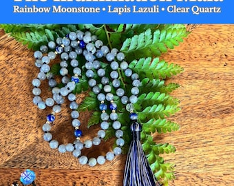 THE ILLUMINATION MALA – Rainbow Moonstone and Lapis Lazuli for Intuition, Clarity & Inner Wisdom – Blessed and Charged at the Treehouse