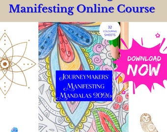 May include: A colorful mandala coloring book with the title "JOURNEYMAKERS Manifesting MANDALAS 2026" is displayed. The image also includes the text "Mandala Colouring Book & Manifesting Online Course" and a "DOWNLOAD NOW" button.