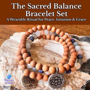 May include: The Sacred Balance Bracelet Set. Three bracelets with wooden beads and gemstone accents. Each bracelet has a silver charm with a tree and lotus flower design. The text on the image reads: "A Wearable Ritual for Peace, Intuition & Grace."