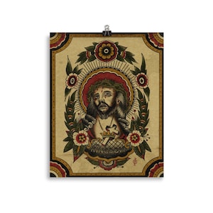 May include: A vintage-style illustration of Jesus Christ with a crown of thorns, a cross, and the word "Kingdom" in a banner. The image is surrounded by flowers and leaves.