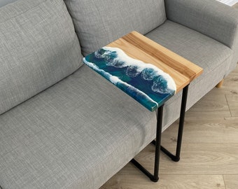 Sofa Side Coffee Table, Coastal Epoxy C Table, Couch Side Epoxy Resin Ocean Waves Table, C Shaped Round Coffee Table, Epoxy Side Table