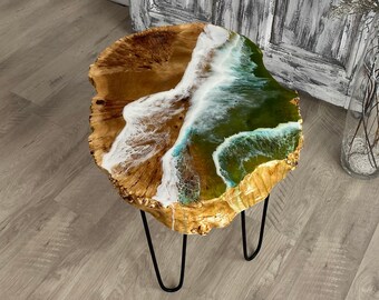 Live Edge Epoxidharz Couchtisch, Einzigartige Holz Ozean Harz Kunst, Loft Tisch, Akzent Couchtisch, Bauernhaus Tisch, kleiner Loft Runder Tisch