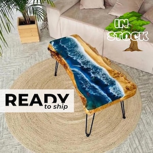 Large Wooden Coffee Table, Modern Live Edge Rustic Table, Long Narrow Center Table, Custom Epoxy Ocean Table Top, Accent Wood Slab Table