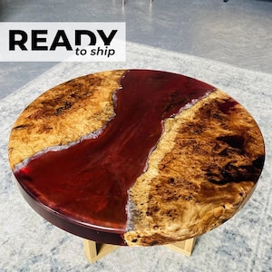 PRONTO PARA ENVIAR, Mesas redondas, Mesa de resina epóxi, Mesa de rio epóxi com borda viva, Mesa de sala de jantar, Mesa de cozinha, Tampo de mesa epóxi, Mesa vermelha