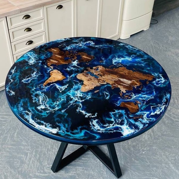 Resin Epoxy Tisch, Ocean River Resin Epoxy Tisch, Runder Tisch für die Küche, Esszimmertisch, Ocean Waves Epoxy Tisch, Blauer Epoxy Esstisch