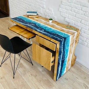 Epoxy Wood Study Desk with Storage, Live Edge Computer Desk with Drawers, Reclaimed Home Office Table