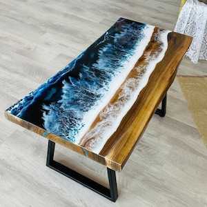 Epoxy Resin Walnut Coffee Table, Live Edge Modern Center Table, Handmade Wood Couch Table, Unique Low Table for Living Room Decor
