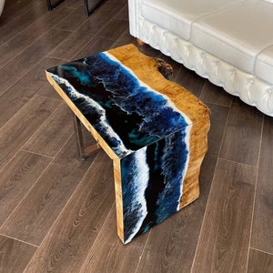 Epoxy Resin Couch Side Table, Waterfall Accent Bed Side Table, Modern Wood Ocean Art Table, Custom Living Room Sofa Table, Live Edge Table