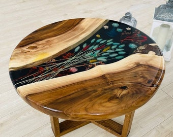 Blumen-Epoxidharz-Tisch, runder Couchtisch mit getrockneten Blumen, kundenspezifischer Holz-Epoxidharz-Tisch, einzigartige Akzentmöbel, Art-Deco-Couchtisch