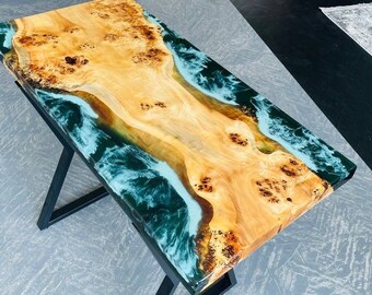Epoxy Resin Dining Table, Live Edge River Table, Green Resin Dining Table, Large Dining Table, Custom Hardwood Furniture, Ocean Resin Table