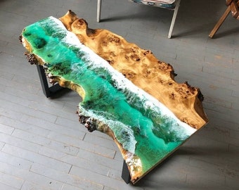 Ocean Wave Coffee Table, Modern Epoxy Resin Table, Live Edge Table Top, Custom Couch Table, Unique Tea Table, Farmhouse Table