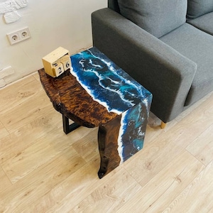 Modern Epoxy Couch Side Table, Resin Ocean Waterfall Sofa Table, Custom Accent Drink Table, Wood End Table, Live Edge Furniture