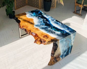 Wood Coffee Table, Ocean Epoxy Table, Waterfall Resin Table Top, Epoxy Art Furniture, Accent Center Table for Living Room Art Deco Furniture
