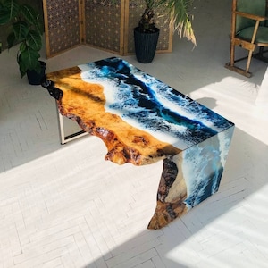 Wood Coffee Table, Ocean Epoxy Table, Waterfall Resin Table Top, Epoxy Art Furniture, Accent Center Table for Living Room Art Deco Furniture