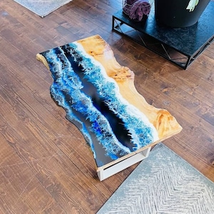 Epoxy Resin Ocean Center Table, Live Edge Coffee Table, Custom Living Room Table, Wood Rectangle Table, Resin Art Couch Table, Gift for Mom