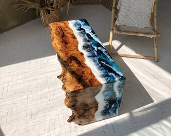 Custom Art Deco Center Table, Live Edge Wood Waterfall Table, Accent Epoxy Resin Coffee Table, Unique Blue Ocean Art Furniture Metal Legs