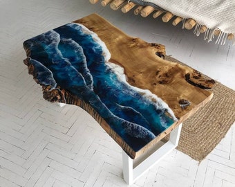 Tavolino da caffè epossidico personalizzato, tavolo da fiume Live Edge, tavolino da caffè epossidico oceanico, tavolo in resina epossidica da spiaggia, tavolo epossidico Live Edge, arredamento oceano