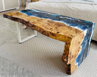 Ocean-Inspired Epoxy Resin Table, Handcrafted Live Edge Coffee Table, Modern Waterfall Design Furniture, Coastal Chic Home Interior