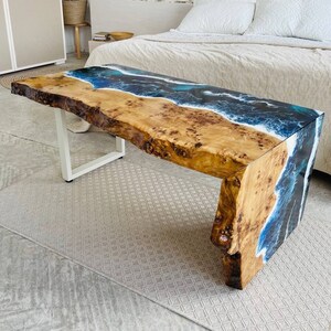 Modern Living Room Waterfall Table, Blue Ocean Accent Table, Custom Live Edge Epoxy Table, Unique Wood Slab Table Top, Resin Coffee Table