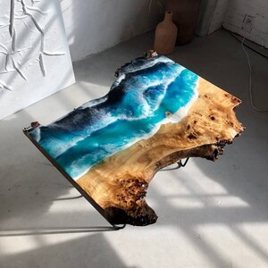 Farmhouse Table, Custom Wooden Live Edge Couch Table, Epoxy Resin Coffee Table, Ocean Wood Slab Table Top, 5th Year Wedding Anniversary Gift