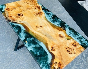 Table époxy Ocean Wave, Table à manger de luxe, Table à manger en bois époxy sur mesure, Table de comptoir époxy sur mesure, Table à manger en bois massif