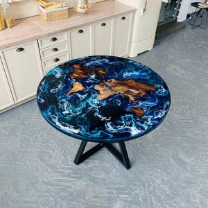 Runder Weltkarten-Kaffeetisch, Großer Kreis-Tee-Trinktisch, Benutzerdefinierter Epoxy-Mitteltisch, moderner Harz-Kunstozeantisch, einzigartiger Art-Deco-Tisch