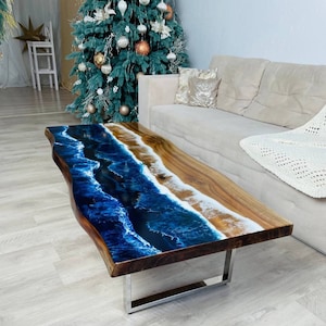 Low Wood Coffee Table, Epoxy Resin Ocean Tables, Modern Walnut Couch Table, Accent Live Edge Slab Table, Unique Modern Sofa Table